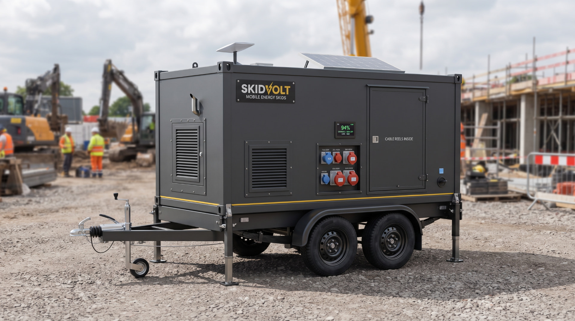 Skidvolt energie-skid op tandemasser op een bouwplaats